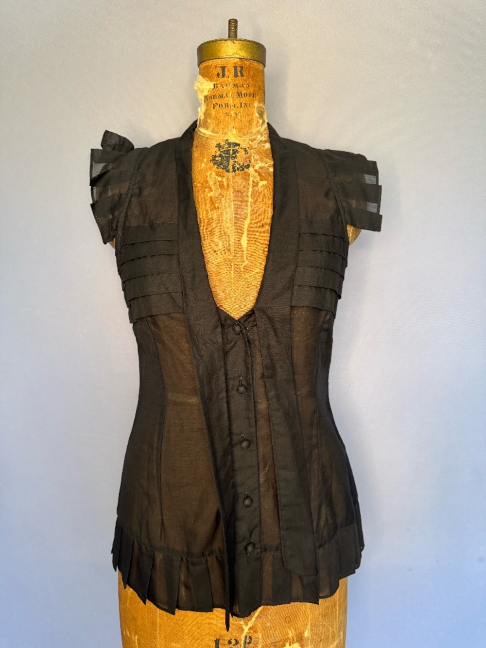 Black Halo Sheer Black Pleated Top with Ruffle Sleeves & Tie Waist — NWT